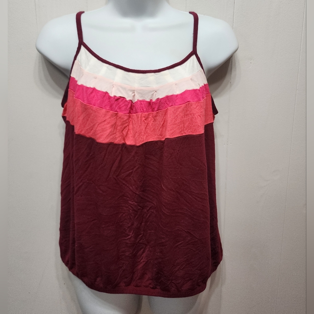 New York & Company Tank Top Medium Burgundy Stripes Casual‎ Summer B694